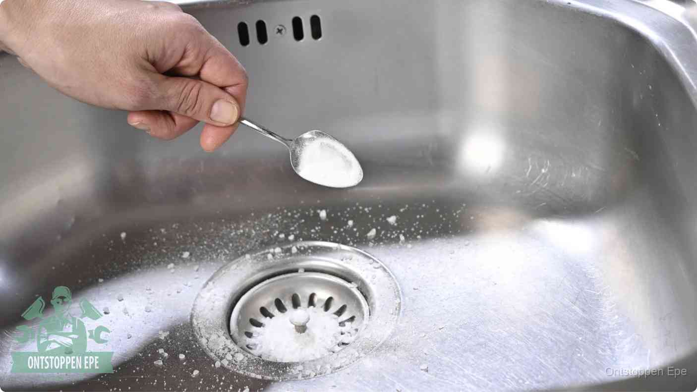 Een hand strooit soda in de afvoer van een roestvrijstalen spoelbak, zelf je gootsteen ontstoppen met soda en azijn in Epe